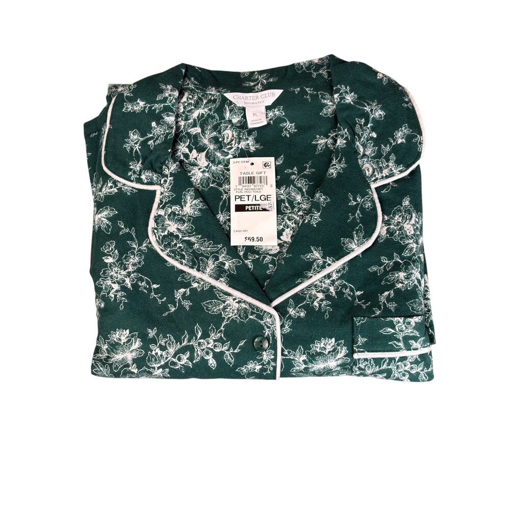 Charter Club Green White Holiday Toile Flannel Pajama Set Petite L NWT 2PC